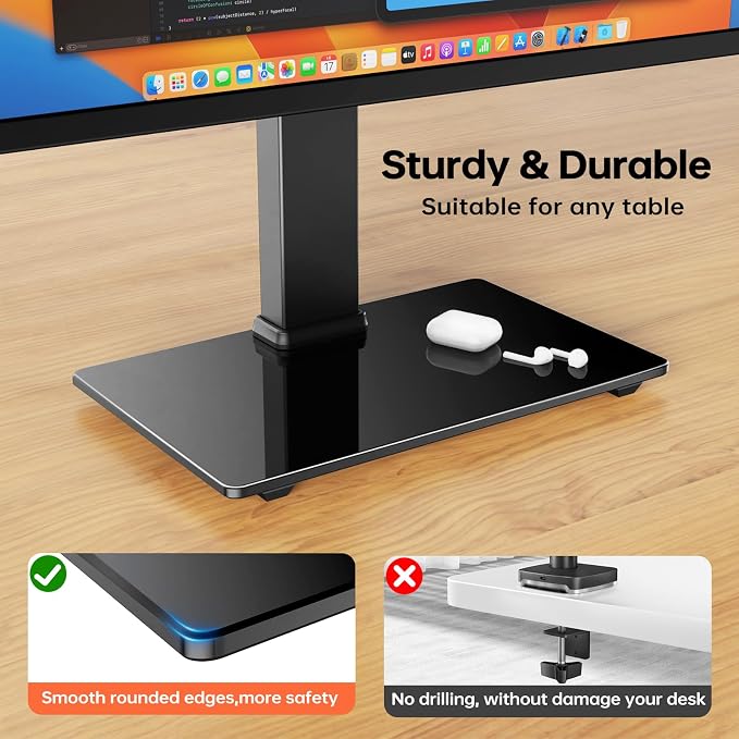 Afaloona Freestanding Single Monitor Stand for 13-32 Inch Monitor, No Clamp | Max Load 77lbs | Tempered Glass Base | ±25° Swivel | -5° to +10° Tilt | 360° Rotation | 4 Height Options | VESA 75×75/100×100