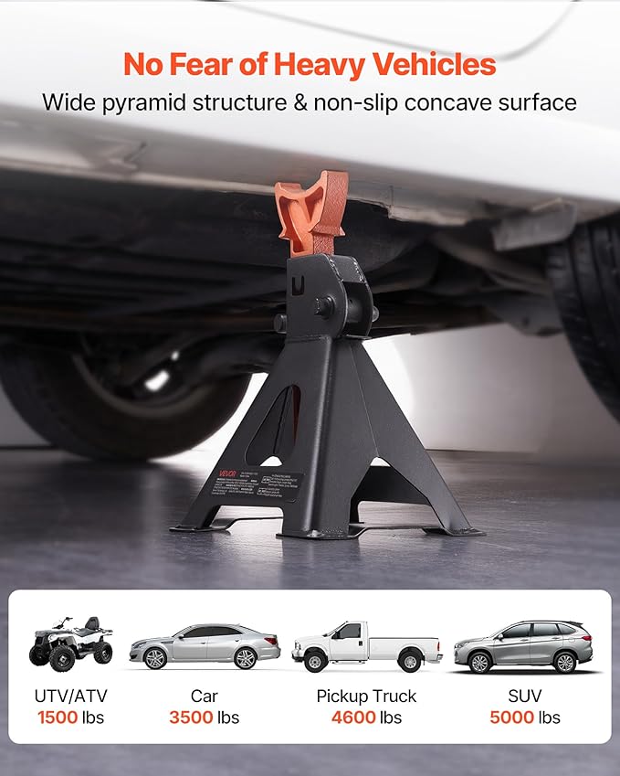 VEVOR Jack Stands, 3 Ton (6,600 lbs) Capacity, 10.8-16.3 in Adjustable Height, Heavy Duty Steel Jack Auto Stands with Locking, for Lifting SUV, Pickup, Car and UTV/ATV, 1 Pair, Black and Orange