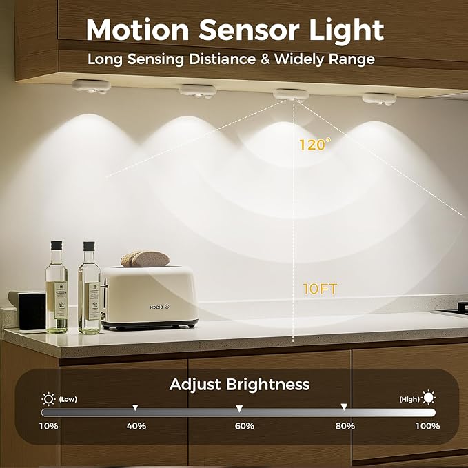 LED Motion Sensor Puck Lights, Small Rechargeable Under Cabinet Light, Dimmable Daylight White Closet Lights, Wireless Under Cabinet Lighting for Drawer, Kitchen (4 Pack, White)