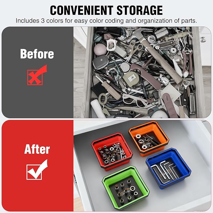 GOOACC 4 Pcs Square Collapsible Magnetic Parts Tray Set Multiple Colors Silicone Foldable Tool Trays Organizer for Screws Bolts Nuts Pins Washers and Other Small Metal Parts Double Sided Magnet Base