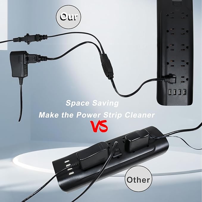 3FT Extension Cord Splitter- 2 Way Outlet Splitter Extension Cords 2 Prong with Right Angle Plug,Thin Design for Indoor/Outdoor Use, Christmas Lights & Home Appliances,Black
