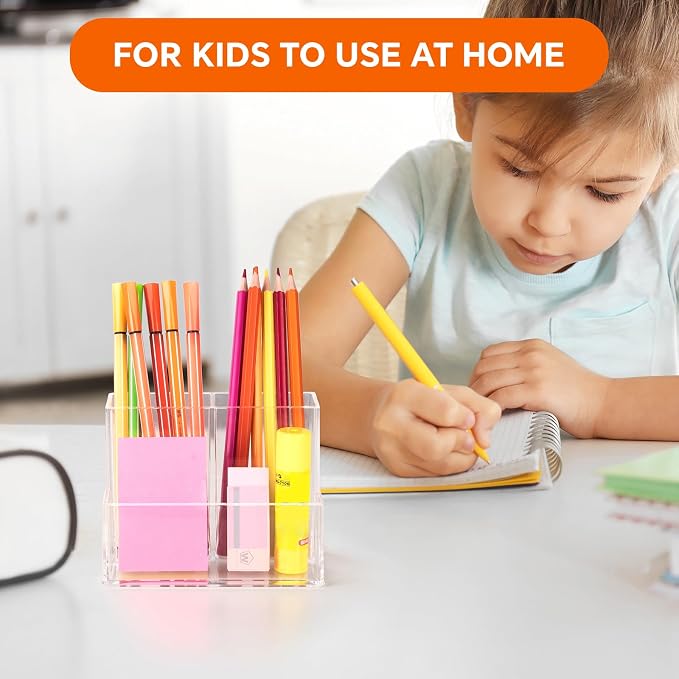 2 Pcs Acrylic Pen Holder for Desk, Pencil Holder for Home,Office | Plastic Marker Holder with 3 Compartments, Pencil Organizer for Classroom, Makeup Brush Holder for Bathroom, Remote Holder