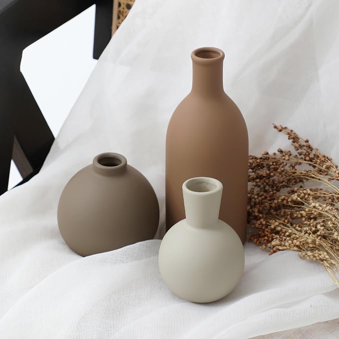 Ceramic Vase Set of 3, Vases Home Decor Rustic Farmhouse Decorative Vase Pottery Vases for Bouquet Pampas Grass Dried Fresh Flowers, Table Living Room Kitchen Bedroom Bathroom - Brown