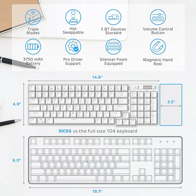 RK ROYAL KLUDGE RK96 Wireless Mechanical Keyboard with Magnetic Wrist Rest | 96 Keys Hot Swappable Wireless Gaming Keyboard with Software, Triple Mode BT5.0/2.4G/USB-C, Blue Backlight, Custom Switch