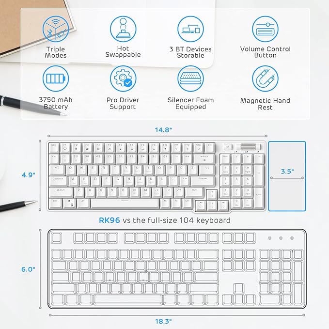 RK ROYAL KLUDGE RK96 Wireless Mechanical Keyboard with Magnetic Wrist Rest | 96 Keys Hot Swappable Wireless Gaming Keyboard with Software, Triple Mode BT5.0/2.4G/USB-C, Blue Backlight, Custom Switch