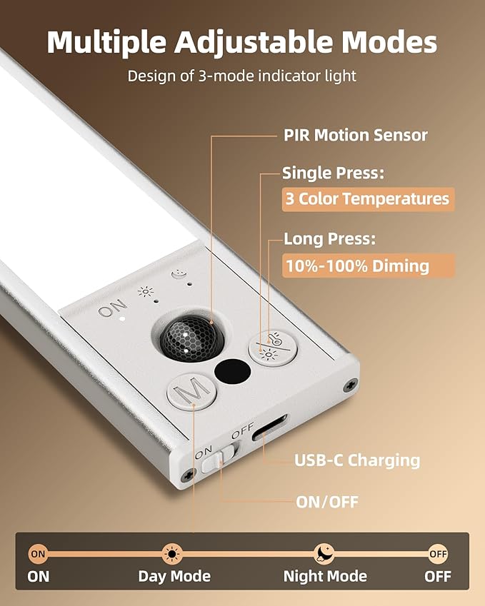 EZVALO 1-Pack Under Cabinet Lights, 3200mAh Rechargeable Motion Sensor Light Indoor, Wireless Closet Lights Battery Operated, with 3 Color Temps, Dimmable, Magnetic, for Kitchen, Stair, Pantry(12inch)