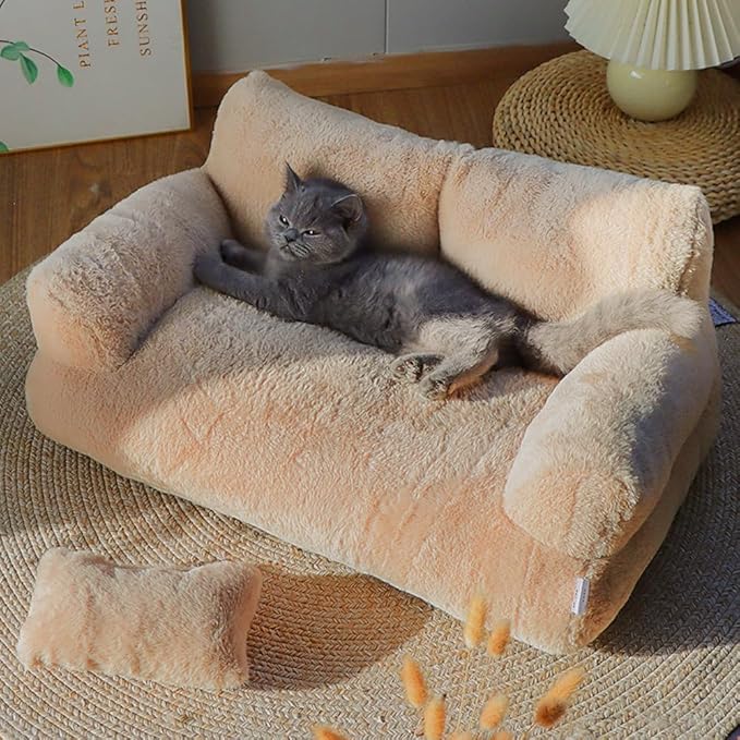 Soft Fluffy Self-Warming Cat Bed | Washable Pet Sofa for Indoor Cats & Small Dogs | Cute Princess-Inspired Kitten Couch & Puppy Bed(Beige,25.59''*18.11''*11.81'')