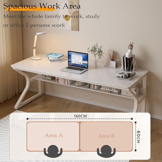 OSCHF 63-Inch Extra Long Desk with Storage Shelf, Warm White | Double Long Writing Table, Space-saving, 2-Person Workstation, Modern Study Work Computer Desk, For Home Office