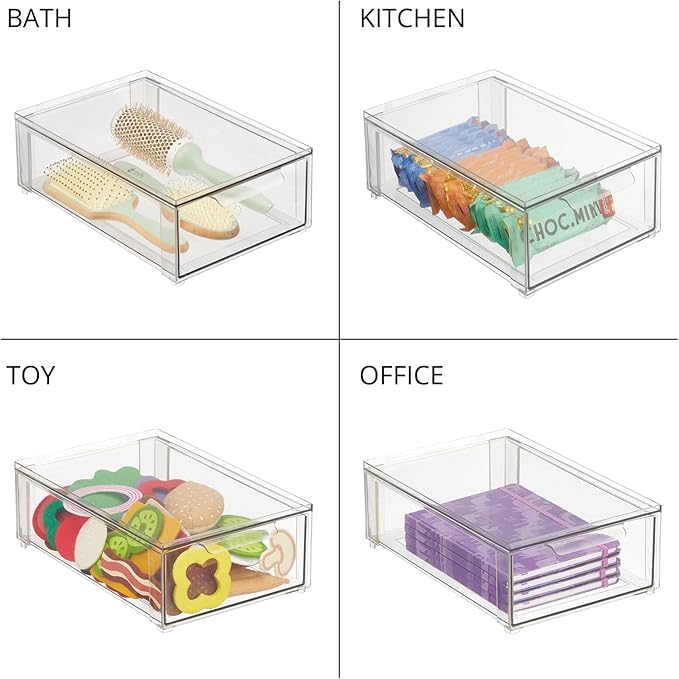 mDesign Plastic Closet Organizer Bin w/Pull Out Drawer - Shallow Stackable Storage for Closet - Organization for Shoes, Clothes, Bags, Totes, and Small Linens - Lumiere Collection - Clear