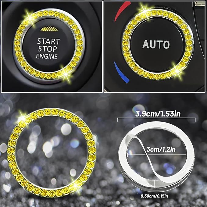 NBTEPEM 27 PCs Yellow Bling Car Accessories Set for Women, Steering Wheel Covers Universal Fit 15 Inch, Bling License Plate Frame, Bling Phone Holder, Bling Car Coasters (Yellow Diamond)