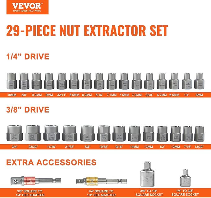 VEVOR Bolt Extractor Set, 33 Pieces Bolt and Nut Remover Set, 6mm to 10mm, 13/32" to 3/4", CR-MO Steel Extraction Socket Set with Storage Case, for Removing Damaged Rusted Bolts, Nuts and Screws