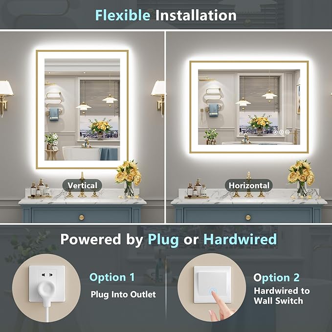 24x36 Gold LED Bathroom Mirror with Lights, Brushed Gold Framed Backlit and Front Lit Anti-Fog Lighted Vanity Mirrors for Bathroom Wall, Dimmable, 3 Colors, Memory, HD Tempered Glass, CRI＞90