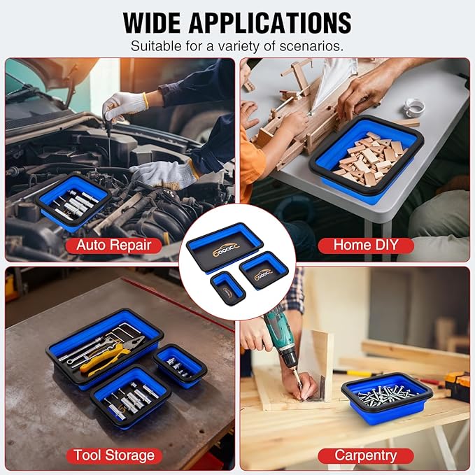 GOOACC 3 Sizes Collapsible Magnetic Parts Tray Set Blue Silicone Foldable Tool Trays Organizer for Screws Bolts Nuts Pins Washers and Other Small Metal Parts Double Sided Magnet Base