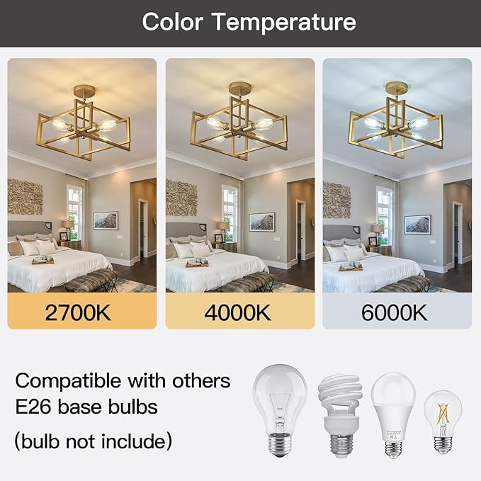 ZGLAOJT 4-Lights Ceiling Light Gold Light Fixture Industrial Flush Mount Ceiling Light Farmhouse Chandelier Lighting for Kitchen Island Dining Room Bedroom Foyer Hallway