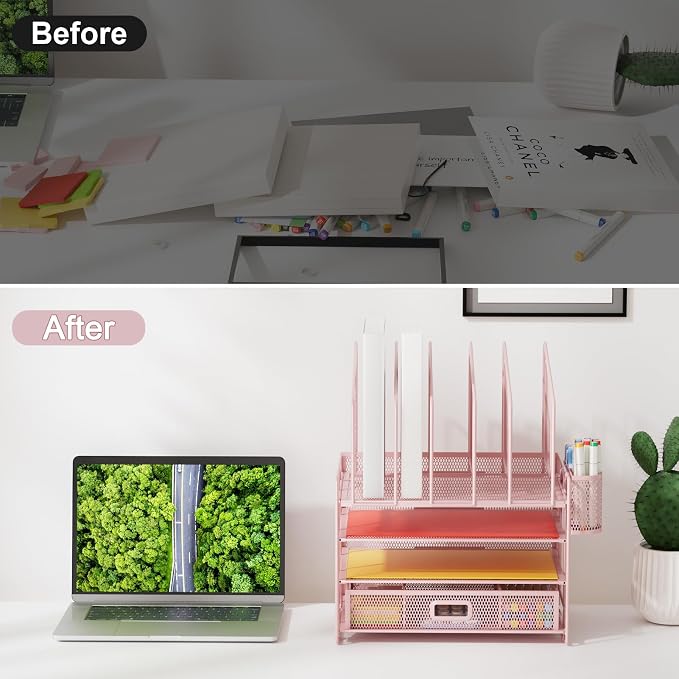 Marbrasse Desk Organizers, 4-Tier Mesh Desk File Organizer with 5 Vertical File Holders and 2 Pen Holders, Multifunction Desktop Organizer,Desk Organizers and Accessories for Home Office (Pink)