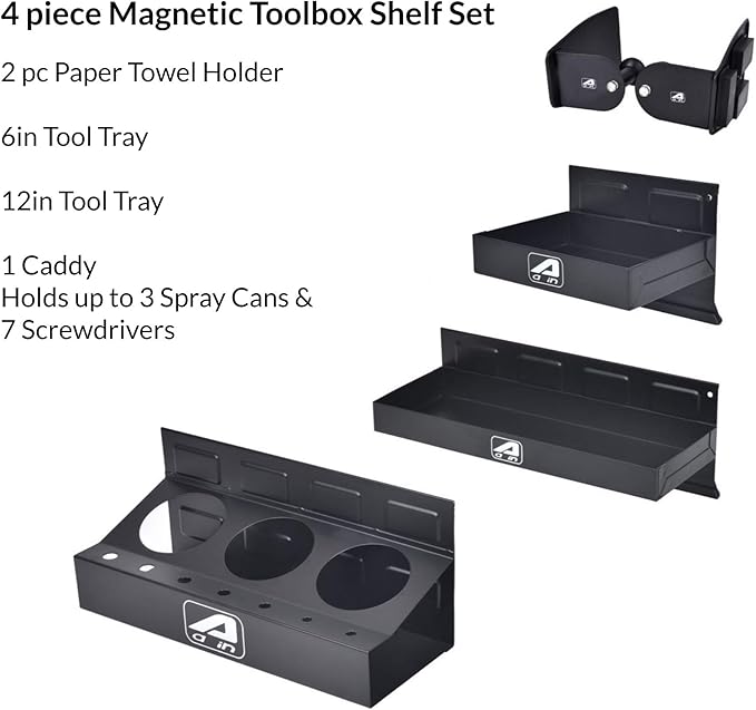 Trayset 4pc Magnetic Toolbox Tray Set, Magnetic Tool Box holder for Cabinet Side Shelf Storage Van Workshop, Tool Trays, Paper Towel and Spray Can Holder, Black