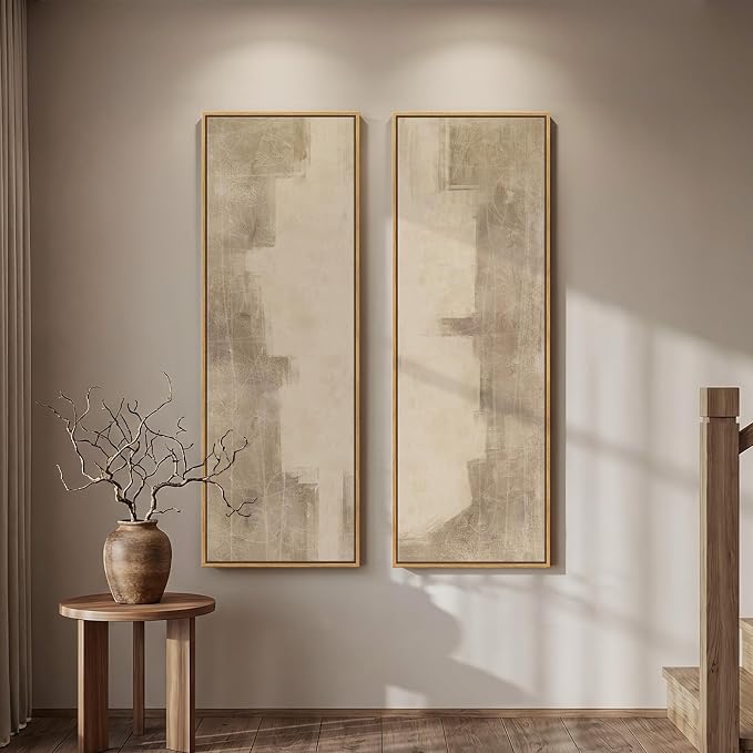 Large Framed Neutral Abstract Long Narrow Wall Art for Hallway, 2 Piece | Long narrow, Large canvas prints, Abstract pictures, Neutral beige, Vertical, Living room, Bedroom, Entryway wall decor