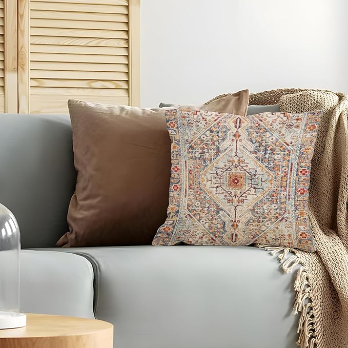 Boho Throw Pillow Covers 16x16 inch Set of 2,Bohemian Vintage Carpet Pattern Antique Ethnic Decor Double Sided Pattern Cushion Cover Soft Pillow Case Living Sofa Room Bed Square Pillow Cover