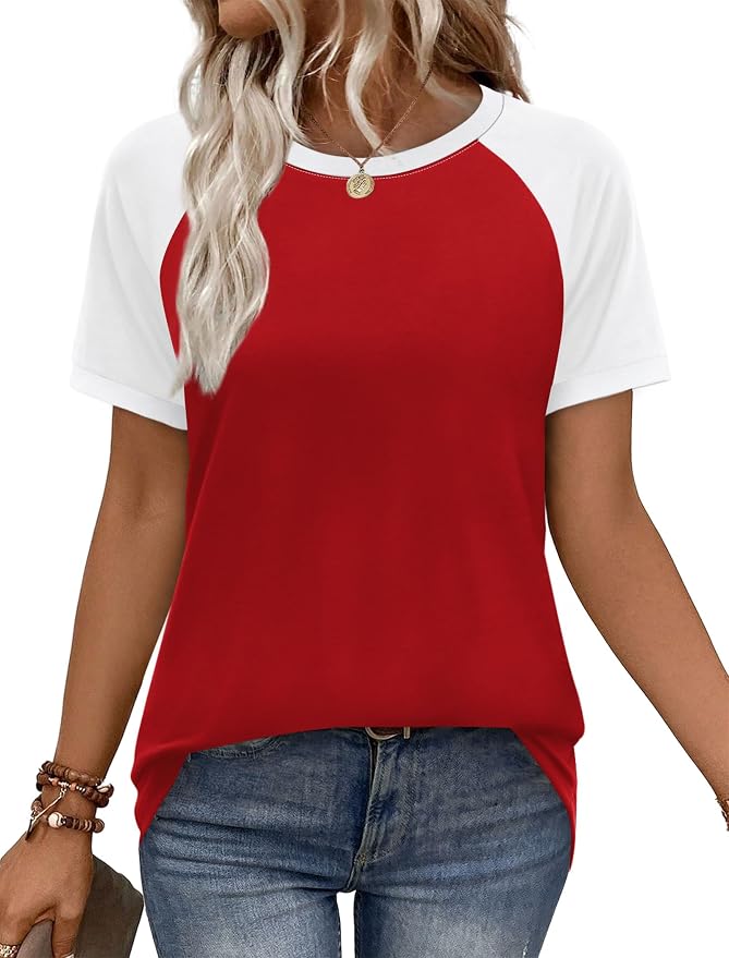 WIHOLL Womens Summer Tops Color Block Short Sleeve Raglan Shirts Spring Fashion Clothes Vacation Outfits