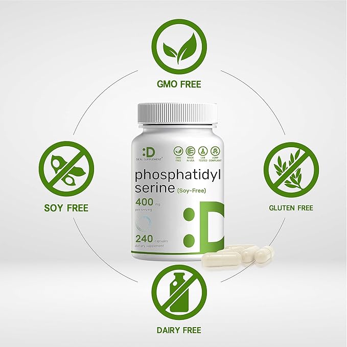 Phosphatidylserine Supplement, 400mg Serving, 240 Capsules – Soy Free Sunflower Lecithin Source