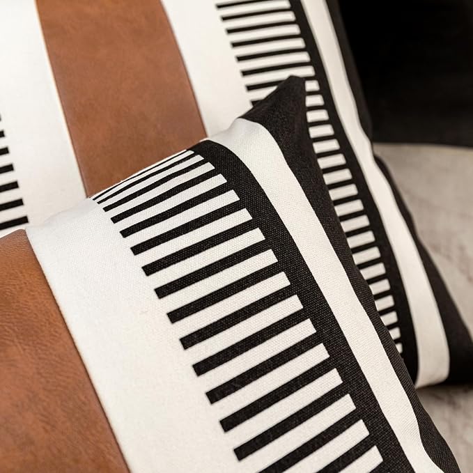 24x24 Boho Striped Pillow Cover with Faux Leather Accent, Black, 2 PC | Geometric printed cotton, vintage brown accent, black white reversible cushion case, farmhouse tribal floor sofa couch decor.