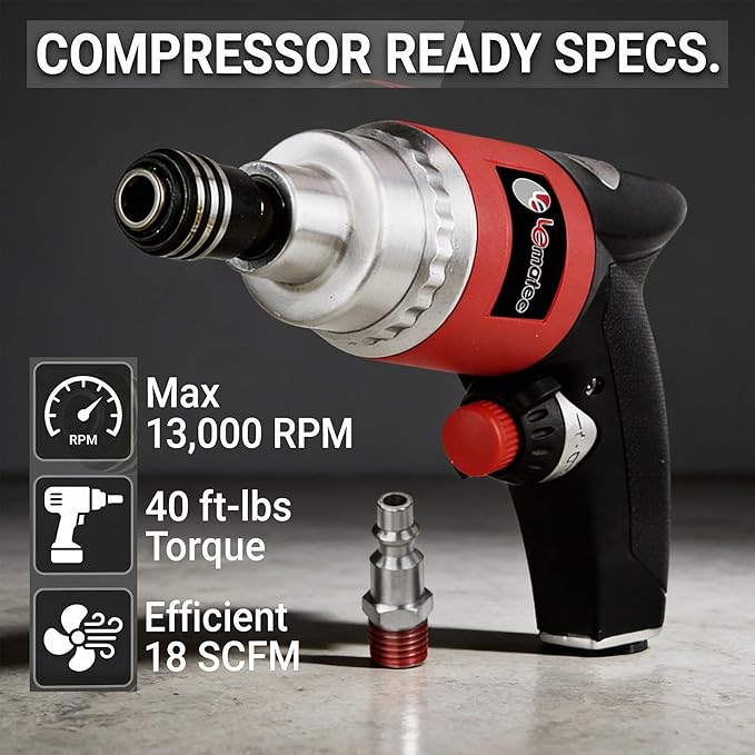 LE LEMATEC Professional Air Impact Driver - 13000 RPM Pneumatic Wrench with Twin Hammer, 40 ft-lb Torque, 1/4" NPT Compact Gun for Automotive, Furniture & Woodworking (LE-ID413)