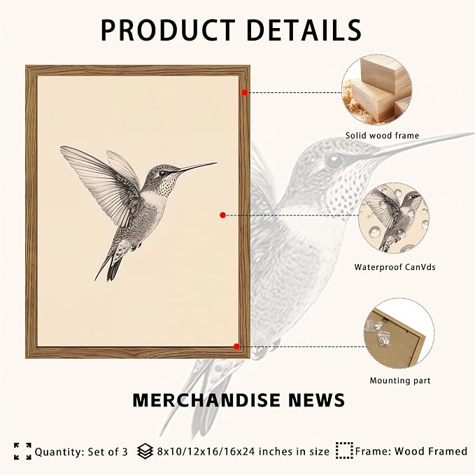 Vintage Framed Wall Art, Birds Canvas Prints, Hummingbird Sketch Painting Picture, Neutral Farmhouse Artwork Wall Decor for Living Room Bedroom – Dark Wooden Frame 16x24in