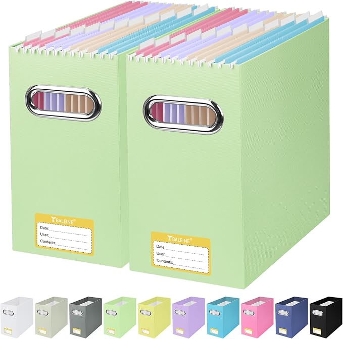 BALEINE File Organizer Box, Cardboard File Folder Organizer with Handle for Letter Size, Portable Collapsible Hanging Filing Box for Home Office Document Storage (2 Pack, Green)