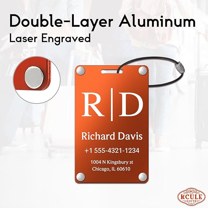 Personalized Luggage Tags for Suitcases - Monogram Style Aluminum Custom Luggage Tags for Backpacks & Bags, Sturdy, Waterproof & Heavy Duty (Orange/Card-Sized)