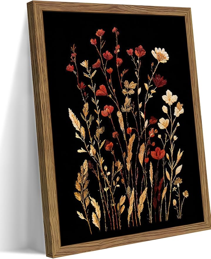 Framed Vintage Floral Wall Art, Dark Wildflower Botanical Canvas Wall Decor Paintings, Rustic Moody Flower Artwork Poster Print Picture for Bathroom Bedroom Living Room 12x16 Inch