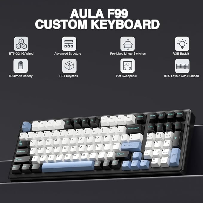 AULA F99 Wireless Mechanical Keyboard,Tri-Mode BT5.0/2.4GHz/USB-C Hot Swappable Custom Keyboard,Pre-lubed Linear Switches,RGB Backlit Gaming Keyboards for PC/Tablet/Xbox/PS4/PS5
