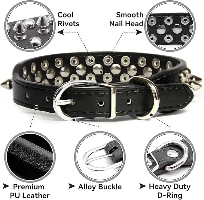 Spiked Dog Collar Soft Pu Leather Mushrooms Rivet Spike Studded Puppy Adjustable Pet Collars for Small Breeds (L, Dark Blue)