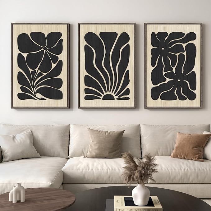 Framed Textured Wood 3D Wall Art for Living Room, Large Boho Floral Black and Beige Artwork for Walls, 3 Piece Abstract Bohemian Flower Wood 3D Art for Office Bedroom Hallway Wall decor, 24x36 Inch