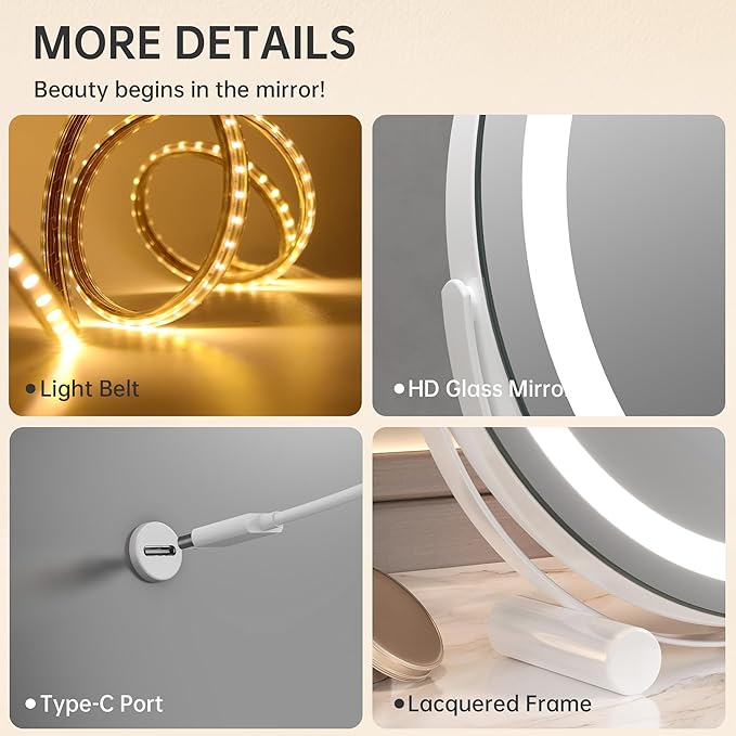 Hasipu Vanity Mirror with Lights, 11" x 11" LED Makeup Mirror with Small 10X Magnifying Mirror, Lighted Makeup Mirror with Lights, Smart Touch Control 3 Colors Dimmable Mirror White