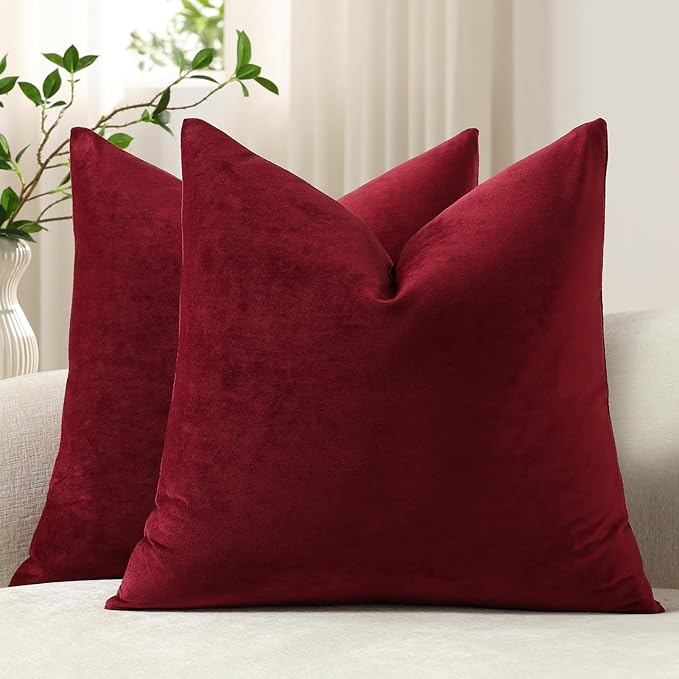 Throw Pillow Covers 16x16 Wine Red: Pack of 2 Cozy Soft Velvet Square Modern Luxury Decorative Throw Pillow Cases for Christmas Sofa Couch Living Room Bed Home Decor
