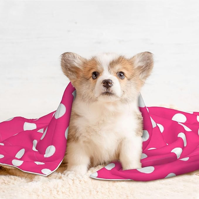 Reversible Plush Pet Blanket for Puppies Kittens, Pink Polka Dot, Double Sided Gentle Dot Texture for New Pets Adjusting to Home Environment Softly