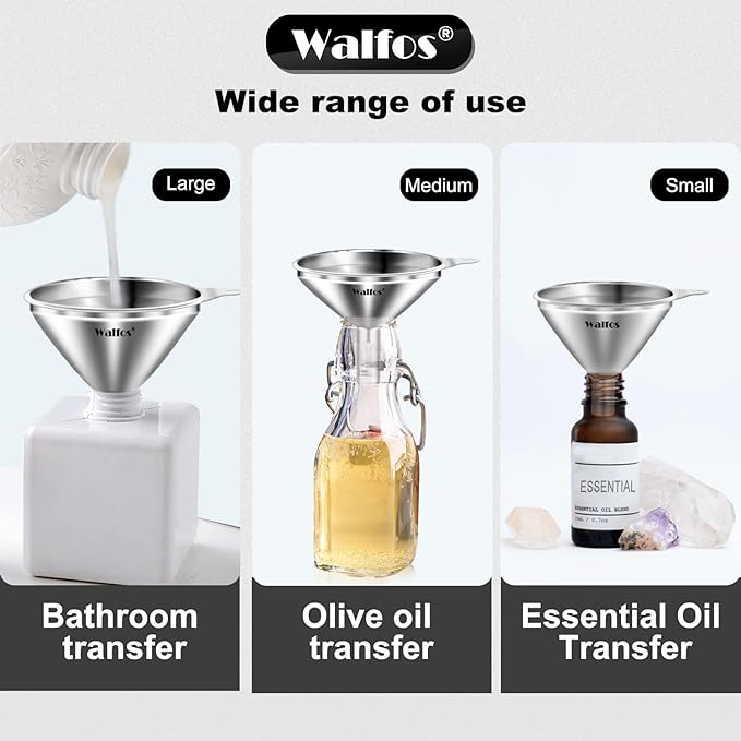 WALFOS Mini Stainless Steel Funnels, Multi-use Small Kitchen Funnel Set, for Transferring Liquid, Fluid, Essential Oils, Powder,Tiny Spices,Long-Lasting and Dishwasher Safe (3 in、2.2 in、1.7in)
