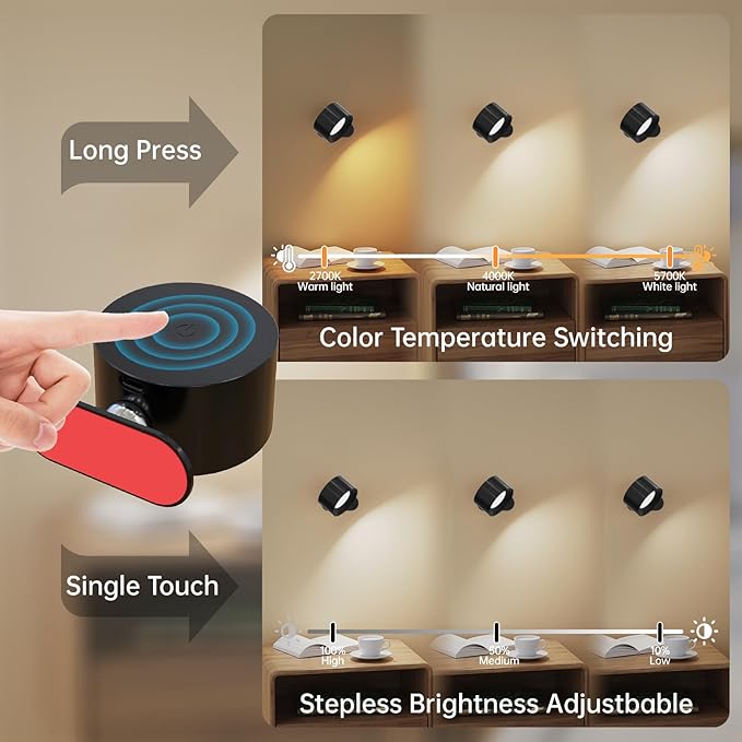 Koopala 3PACK Rechargeable LED Wall Sconce, Cordless Battery with Remote Powered Wall Sconce, 3 Brightness Levels, 360° Swivel Magnetic Shade for Bedrooms, Hallways, Den and Reading Spaces（Black）