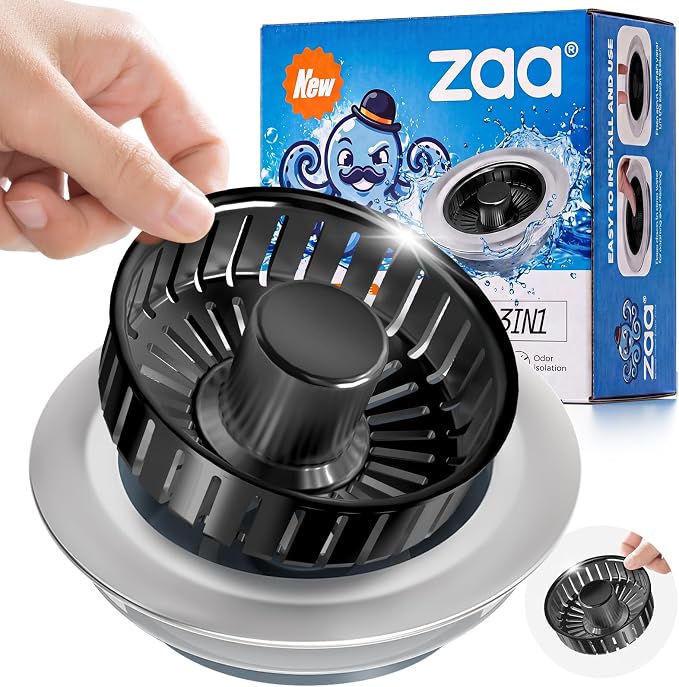 3 in 1 Kitchen Sink Drain Strainer Stopper Removable Basket Pop-Up | Kitchen Sink Accessories 1 Pack Brushed Black Stainless - Food Catcher, Odor-Blocking Seal, Fits 3.5" Drain