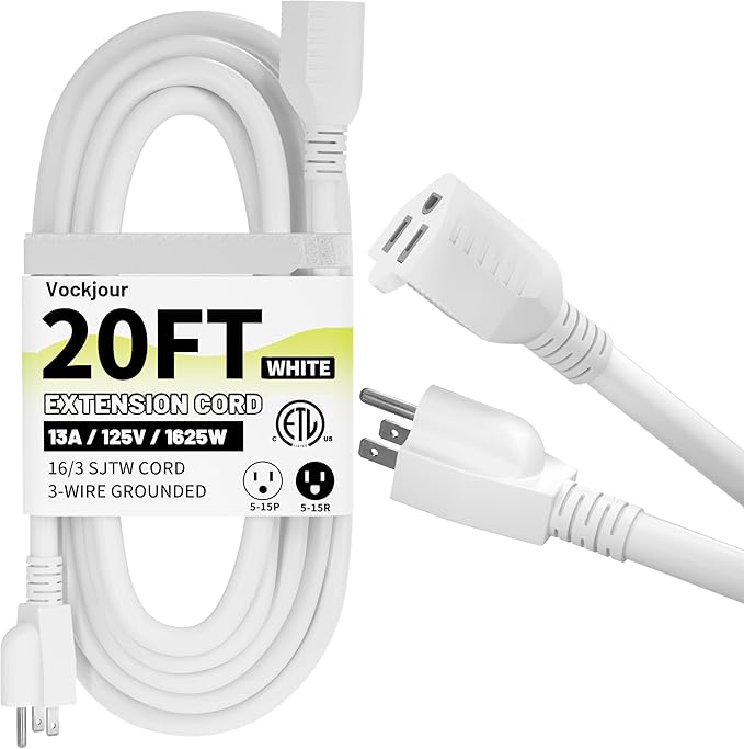16/3 White Indoor Outdoor Extension Cord 20 Ft Waterproof, Extension Cord with 3 Prong Grounded Plug,13A 1625W 16AWG SJTW, Flexible Weatherproof Power Cable