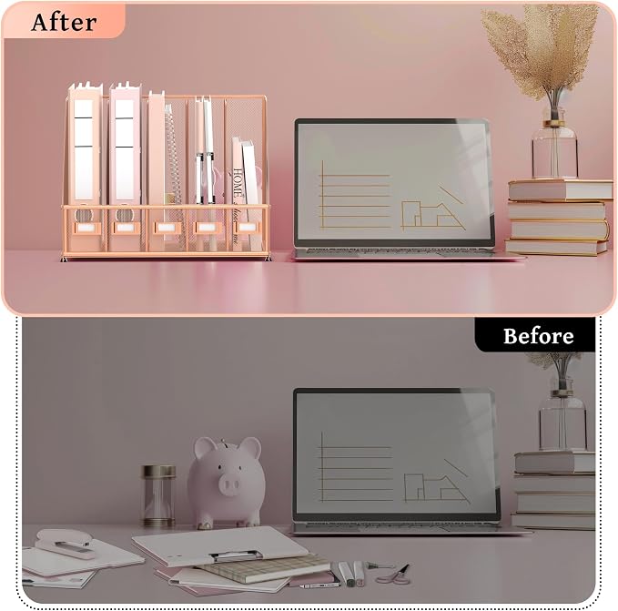 SUPEASY Desk Organizers Metal Desk Magazine File Holder with 5 Vertical Compartments Rack File Organizer for Office Desktop, Home Workspace, Rose Gold, Plus
