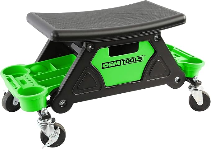 OEMTOOLS 24986 Heavy-Duty Rolling Workbench and Creeper Seat, Mechanics Stool with Wheels, Creepers, Shop Stools with Wheels, Automotive, Green and Black 300 LB Capacity