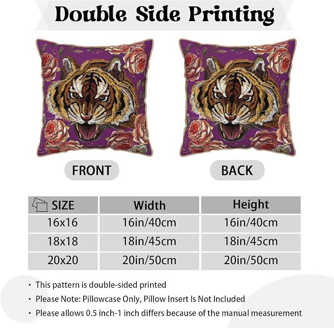 Tiger Flower Purple Velvet Pillow Covers 16x16 Inch Pink Floral Animal Throw Pillows for Couch Cushion Covers Pillowcase Farmhouse Modern Pillow Cases for Sofa Bed Living Room Bedroom