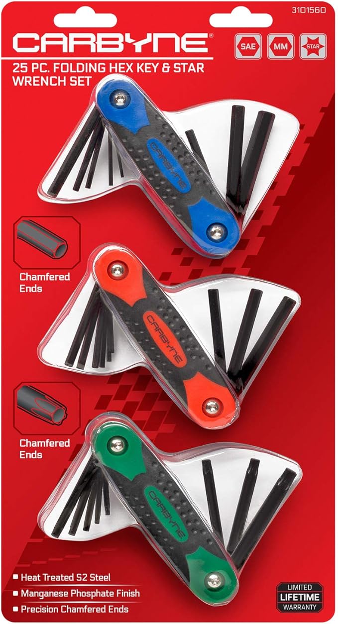 Carbyne 25-Piece Folding Hex (Allen) Key and Torx Wrench Set, SAE/Metric/Torx, S2 Steel, Manganese Phosphate Finish, Metric Hex 1.5-8mm, SAE Hex 5/64"-1/4", Torx T9-T40