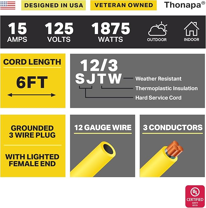 Thonapa Lighted Outdoor Extension Cord 6 ft - 12 Gauge 15 Amp Heavy Duty Power Extension Cords - SJTW - Great for Major Appliances, Power Tools, Garden Supplies - Yellow