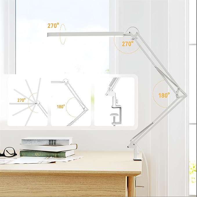 SKYLEO Led Desk Lamp - 31.5" Desk Light - 5 Color Modes X 11 Brightness Levels - Adjustable Swing Arm - Timmer & Memory Function - 12W Study Lamp - White