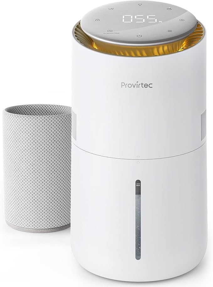 MistFree Evaporative Humidifier for Bedroom, 3L No White Dust for Sensitive Individuals, Auto Humidity Control, Works with Tap Water, Night Light, Easy Clean Tank for Home & Small Room