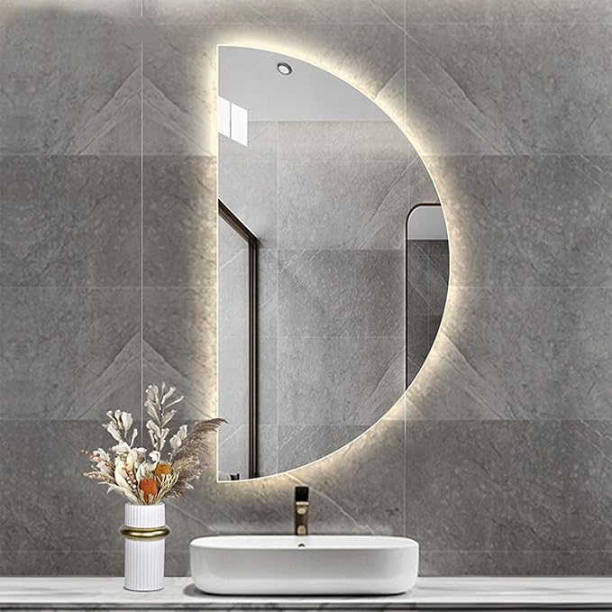 47in Half Moon LED Mirror,3-Color Dimmable Bathroom Smart Vanity Mirror, Frameless Backlit Anti-Fog Half Moon Mirrors for Wall (Left Semicircle, 24 * 47in/60 * 120cm)