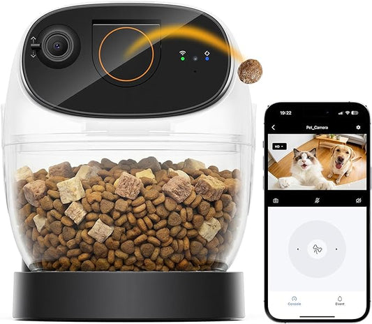 3K Pet Camera Treat Dispenser, 32ft Remote Tossing for Dogs & Cats – Reduces Separation Anxiety, 360° View, Security Indoor Cam w/Phone App, Barking Alerts, No Subscription, 2.4&5G WiFi