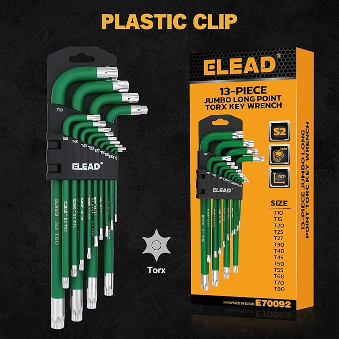 ELEAD Jumbo Torx Key Wrench Set | 13-Piece Durable S2 Star Keys | L-Shaped Long Arm Design | Sizes T10 to T80 | Automotive | Mechanic | Furniture | Professional Grade Tools
